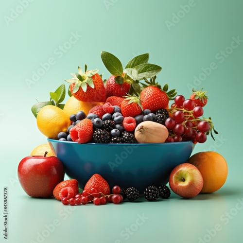 Sliced cut fruits falling into bowl of fruit salad