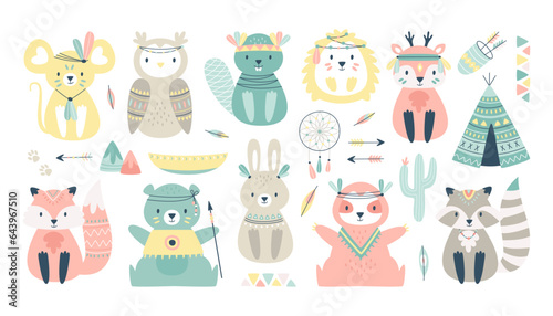 Tribal woodland animals boho characters wearing native indian clothing and accessories set
