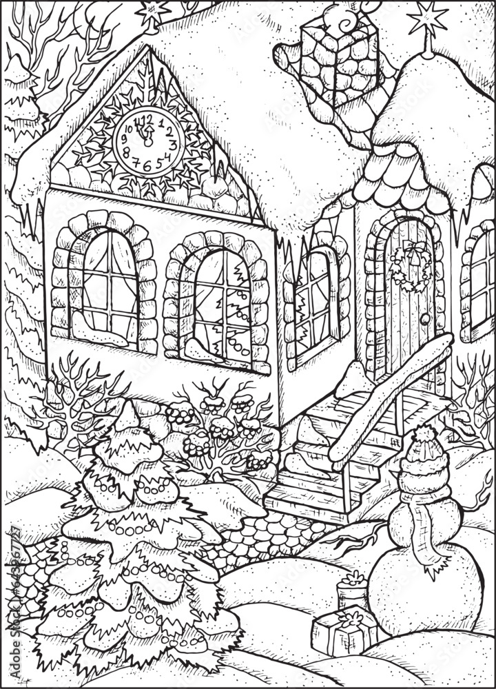 Christmas and New Year vector illustration with    cute decorated cottage house, winter garden, conifer and snowman outside. Greeting card background. Black and white line art for coloring page.