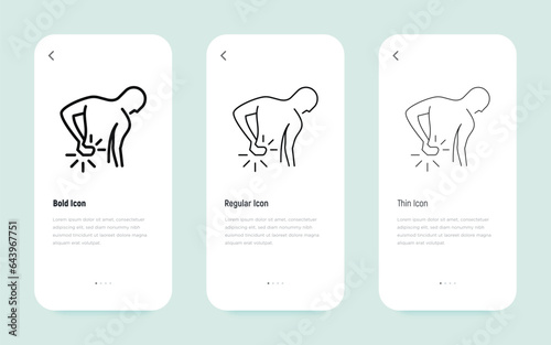 Backache thin line icon. Man touching his back. Osteoporosis, arthritis symptom. Vector illustration.