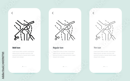 Arthroscopy, surgical procedure for knee joint arthritis. Thin line icon. Vector illustration.