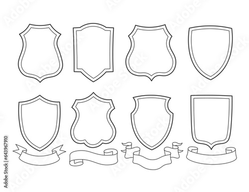 Royal knight shield empty blank frame shape template with heraldic ribbon border isolated set