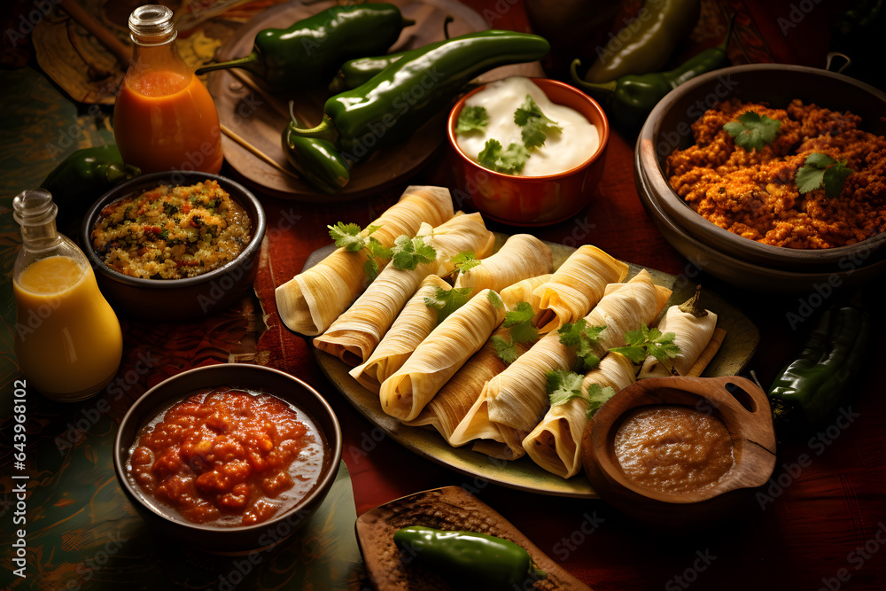 Mexican cuisine, traditional meals, Tamales, Enchiladas and Chiles