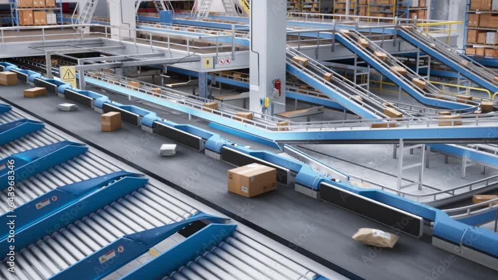 Close Up on an Automated Conveyor Belt Sorting Mechanism in a Logistics Center. Automatic Engineering Solution Handling and Preparing Parcels for Delivery to Clients. Zoom Out Footage in a Warehouse