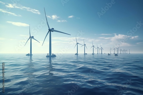 Ocean wind farm, clean power, sustainable energy. 3D illustration. Generative AI