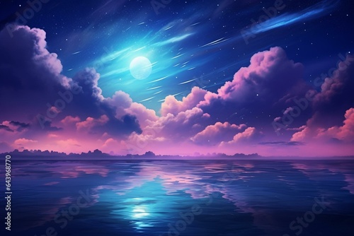 A colorful nighttime seascape with a full moon visible from above. Serene nature background. Generative AI