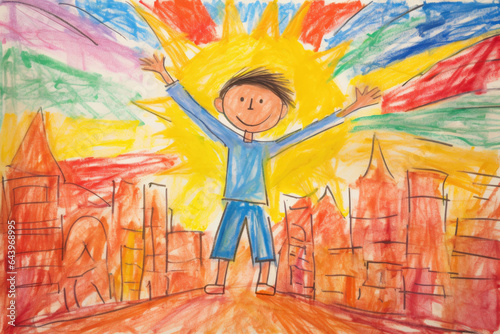 Child drawing, colorful crayons, naive style, happy boy kid in the home city illustration, © Slanapotam