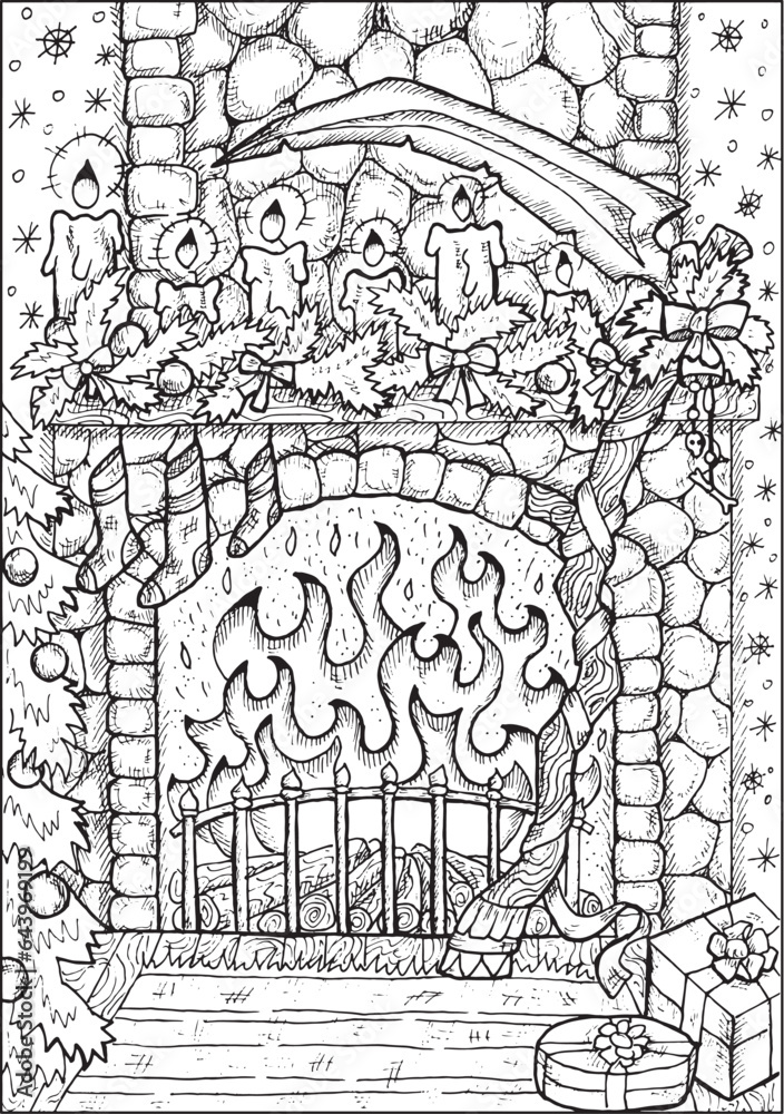 Christmas and New Year vector illustration with   fireplace, candles and decorated scythe. Greeting card background. Black and white line art for coloring page.