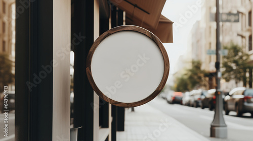 Generative AI, coffee shop street signboard mock up for logo design, brand presentation, aesthetic muted neutral colors, on the wall outdoor photo