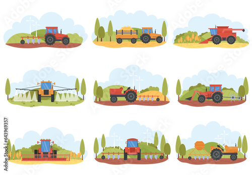Set of agricultural farming heavy machinery tractors and combine harvesters on rural field
