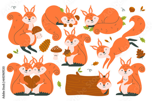 Squirrel cute animal cartoon character harvesting, jumping or sleeping, loving couple isolated set
