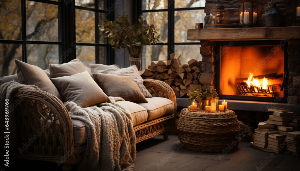 Obraz premium A cozy autumn day in a country house with fireplace, warm blanket on a couch, candles and books