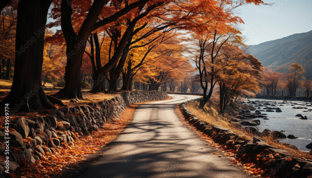 A winding road lined with trees displaying vibrant fall colors on a beautiful autumn day