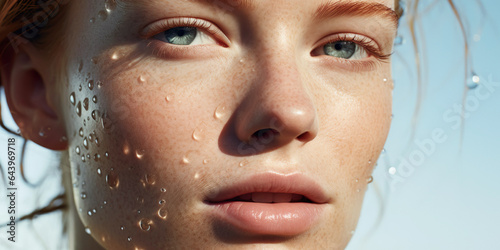 A close-up portrait of a young woman with water droplets on her fresh skin. Her dewy complexion and blue eyes add to her natural beauty.