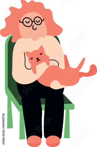 Vector illustration of women with cat. Old lady with animal. Isolated on white.