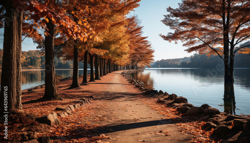 A scenic autumn view of a winding road lined with trees