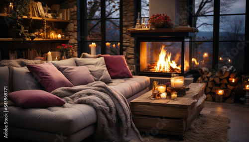 Fotografering A cozy living room with fireplace, comfortable couch with warm blanket, and a lo