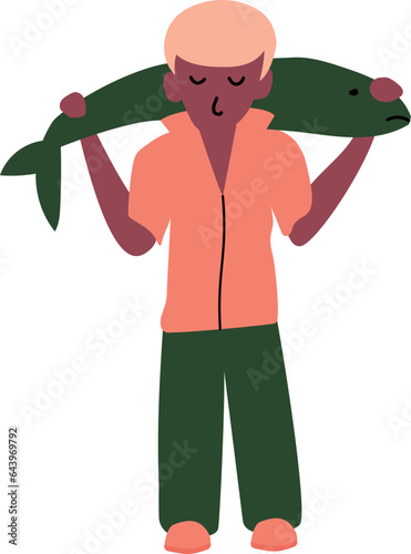 Vector illustration of men. Boy with fish. Isolated on white.