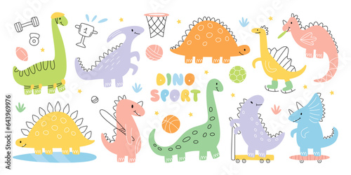 Cute childish dinosaurs cartoon animal creature character playing sport hand drawn doodle set