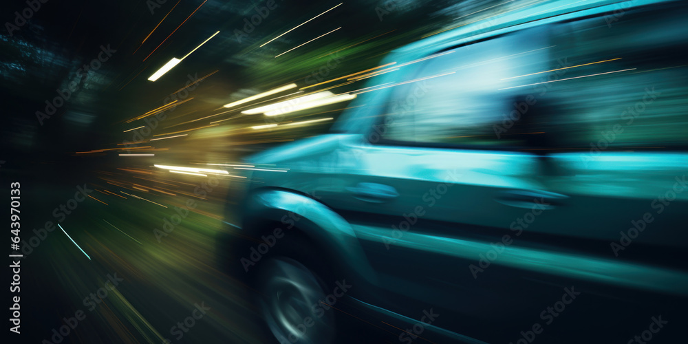 Сlose-up photograph looking out of the front window of the car onto the road ahead, showing acceleration and speed. Stylized with blur and action. Blue, green colors.