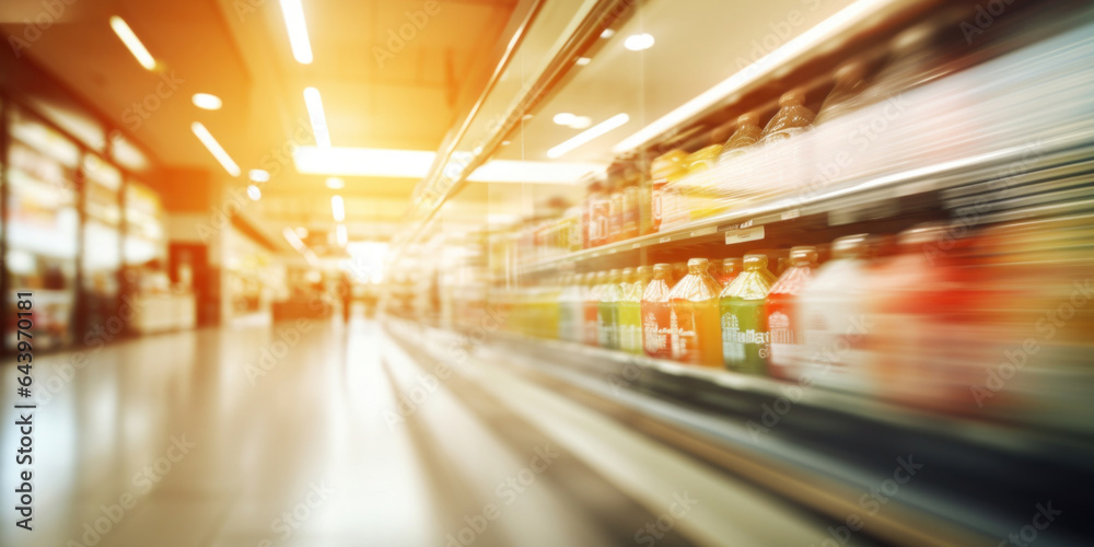 Abstract blur supermarket and retail store, soft natural light, earthy tones, artfully arranged, selective focus, dynamic composition