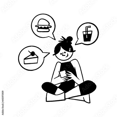 Woman ordering food online at home cartoon hand drawn