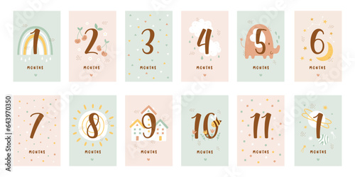 Monthly milestone cards set with number and cute childish design decoration for baby shower