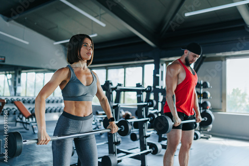 A determined American man and a Hispanic woman lift weights together in the gym, showcasing their dedication to a healthy lifestyle.