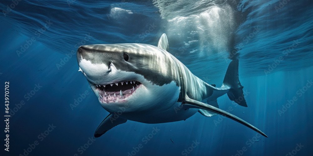 Fototapeta premium Close-up of a white shark in the ocean