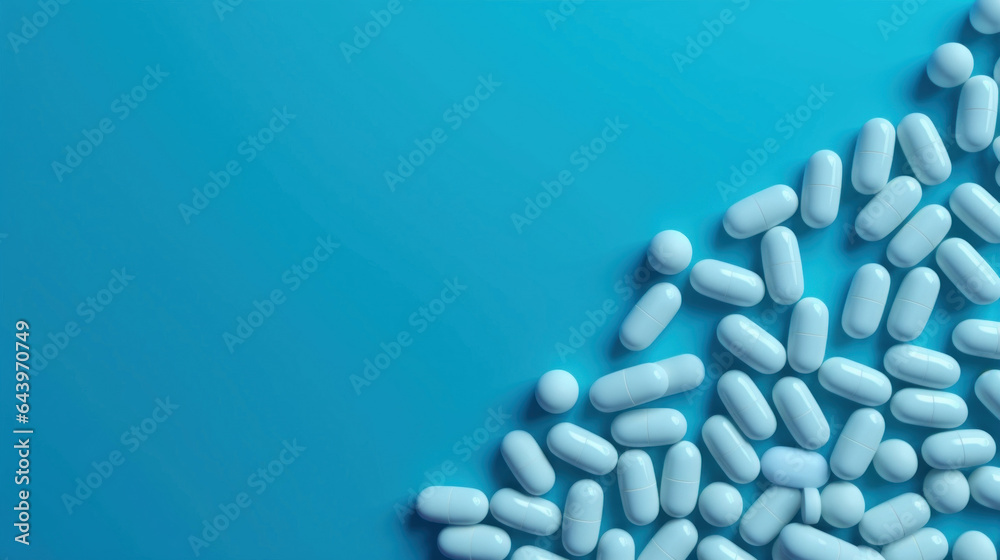 Pills, capsules on blue background with copy space, top view