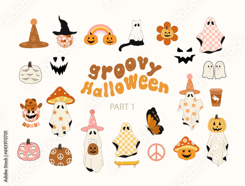 Groovy Halloween. Retro groovy Halloween cliparts. Hippie vintage style. Ghost, mushroom, pumpkin. Vector