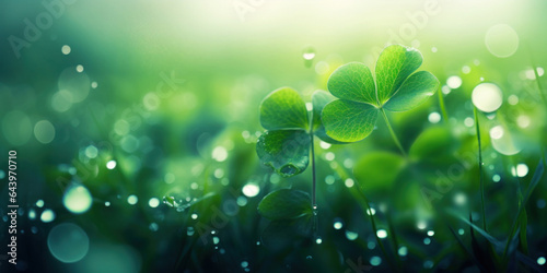 Four leaf clover with dewdrops on its leaves. Green blurred background with dew