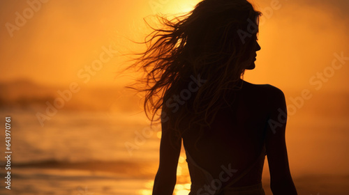 Silhouette of a young beautiful girl against the background of sunset on the beach