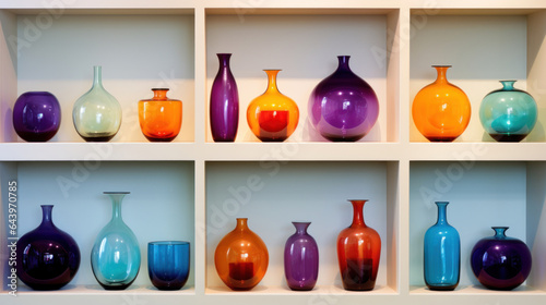 Multicolored glass vases displayed on a shelf at a store white walls