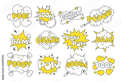 Comic book explosion retro frame with different funny lettering and inscription set in pop art style