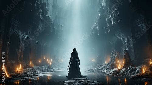 silhouette of a black warrior with a sword, fantasy picture computer game design screenshot