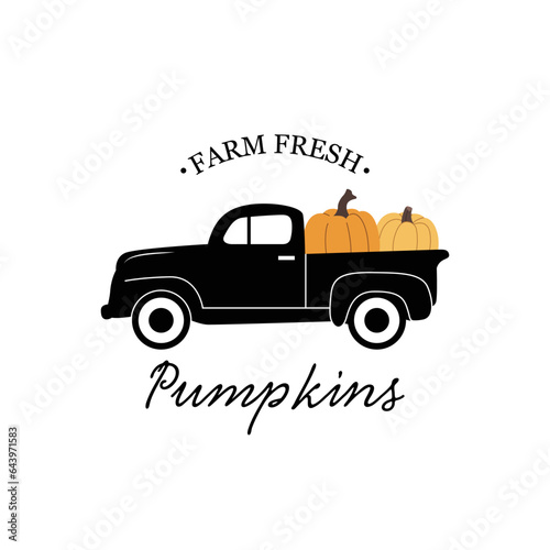 Farm fresh pumpkins. Old retro car silhouette. Fall autumn pumpkin market. Vector