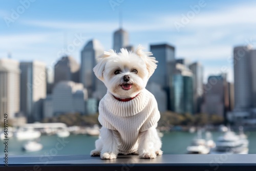 Medium shot portrait photography of a smiling maltese sitting on his owner's lap wearing a jumper against a vibrant city skyline. With generative AI technology © Markus Schröder