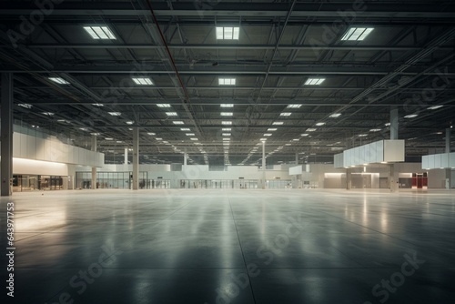 An unoccupied exhibition hall with potential for trade shows  sports events  and indoor factories. Generative AI