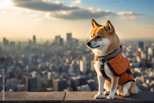 Lifestyle portrait photography of a curious akita fetching wearing a cooling vest against a vibrant city skyline. With generative AI technology photo