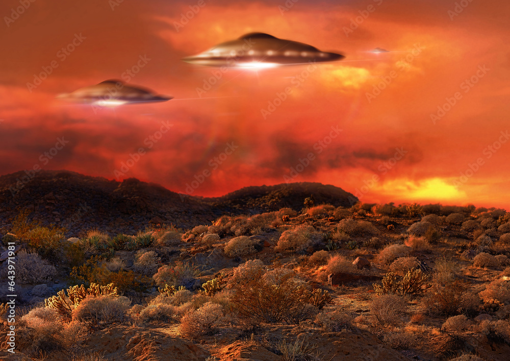 Obraz premium Alien, spaceship light and ufo in countryside for mission, science fiction and fantasy in sky. Spacecraft, field and flying saucer from outer space for invasion, futuristic and mystery in nature