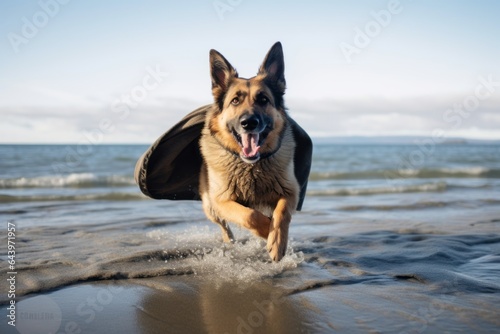 Lifestyle portrait photography of a funny german shepherd kicking after potty wearing an anxiety wrap against a tranquil ocean backdrop. With generative AI technology © Markus Schröder