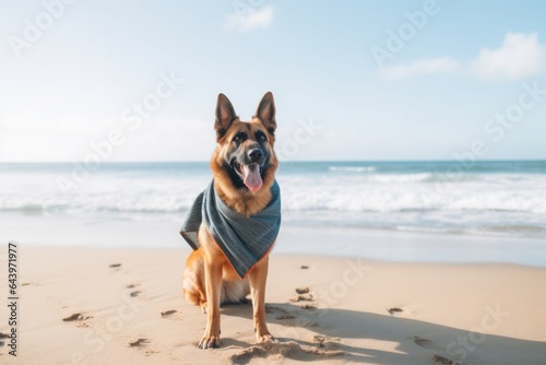 Lifestyle portrait photography of a funny german shepherd kicking after potty wearing an anxiety wrap against a tranquil ocean backdrop. With generative AI technology © Markus Schröder