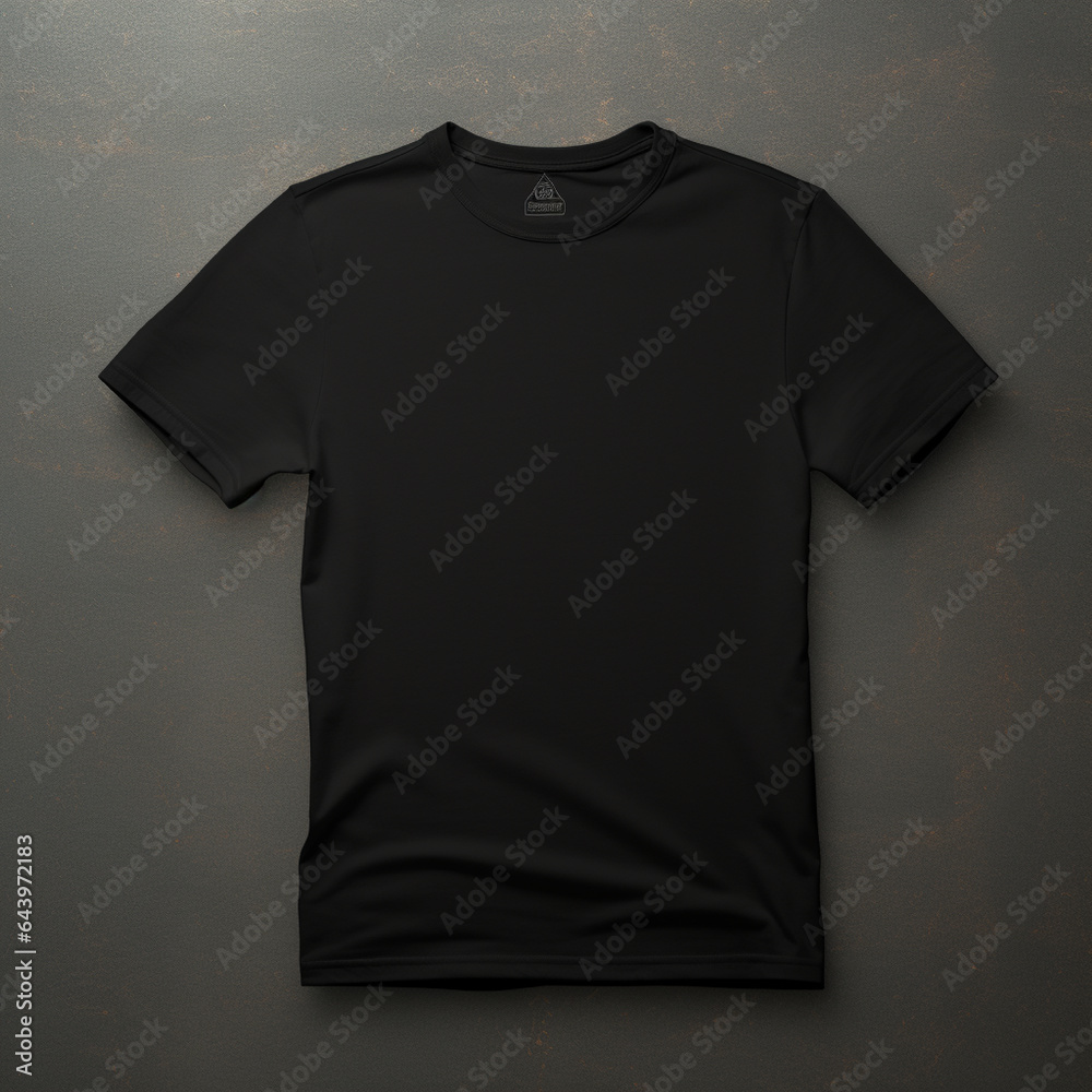 A full black blank t shirt mockup, dark background, structure A full black blank t shirt mockup, dark background, structure