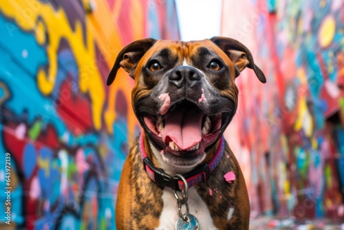 Group portrait photography of a smiling boxer dog winking wearing a harness against a colorful graffiti wall. With generative AI technology