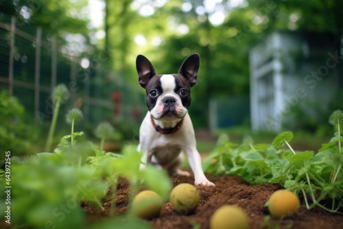 Medium shot portrait photography of a happy boston terrier playing with toys wearing a plush robe against a lush green garden. With generative AI technology