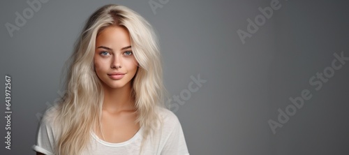 blonde model wearing white tshirt on grey background for mock up