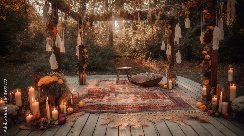 Fototapeta premium Boho fall wedding decoration with dried flowers and candles 