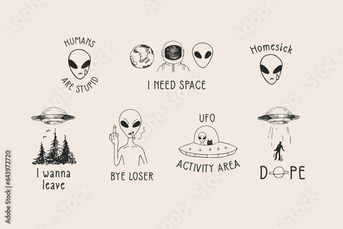 Alien and UFO. Hand drawn doodle, sketch art. I need space. Vector
