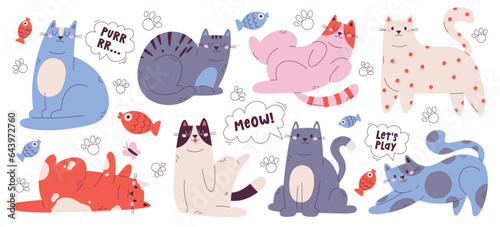 Funny cats, childish kitten, cute pet, kawaii domestic animal cartoon character set with lettering